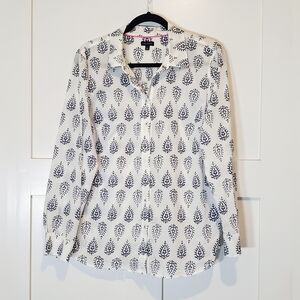 Talbots Classic Button Up Down Blouse White Blue Print Cotton Size Large